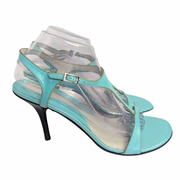 Vintage Tommy Hilfiger Aqua Blue & Green Leather T-strap Slingback Heels 9 - Picture 1 of 8
